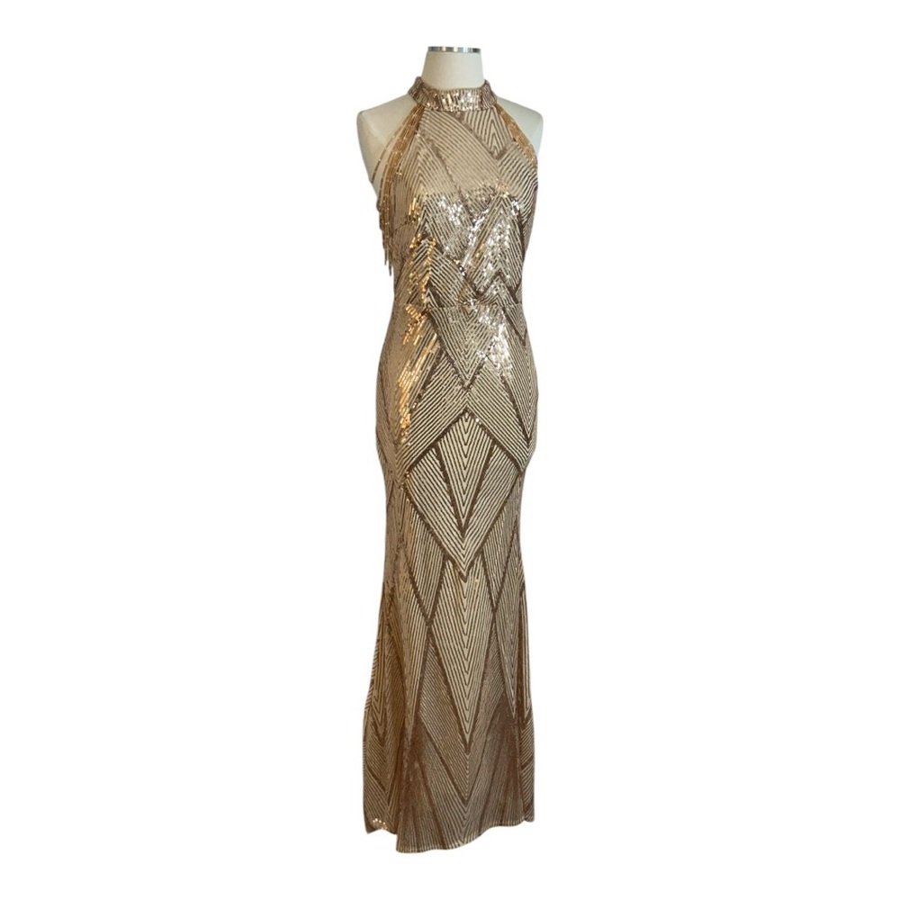 Cold Shoulder Beads Chain Cocktail Dress Sequin Halter Gown Rose Gold Size L